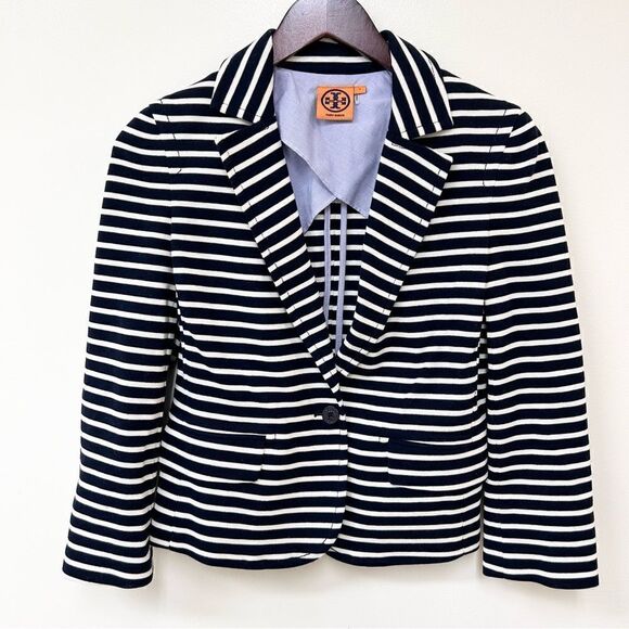 Tory Burch Kamilla Jacket Navy Striped Nautical Blazer Size Small - Picture 1 of 6